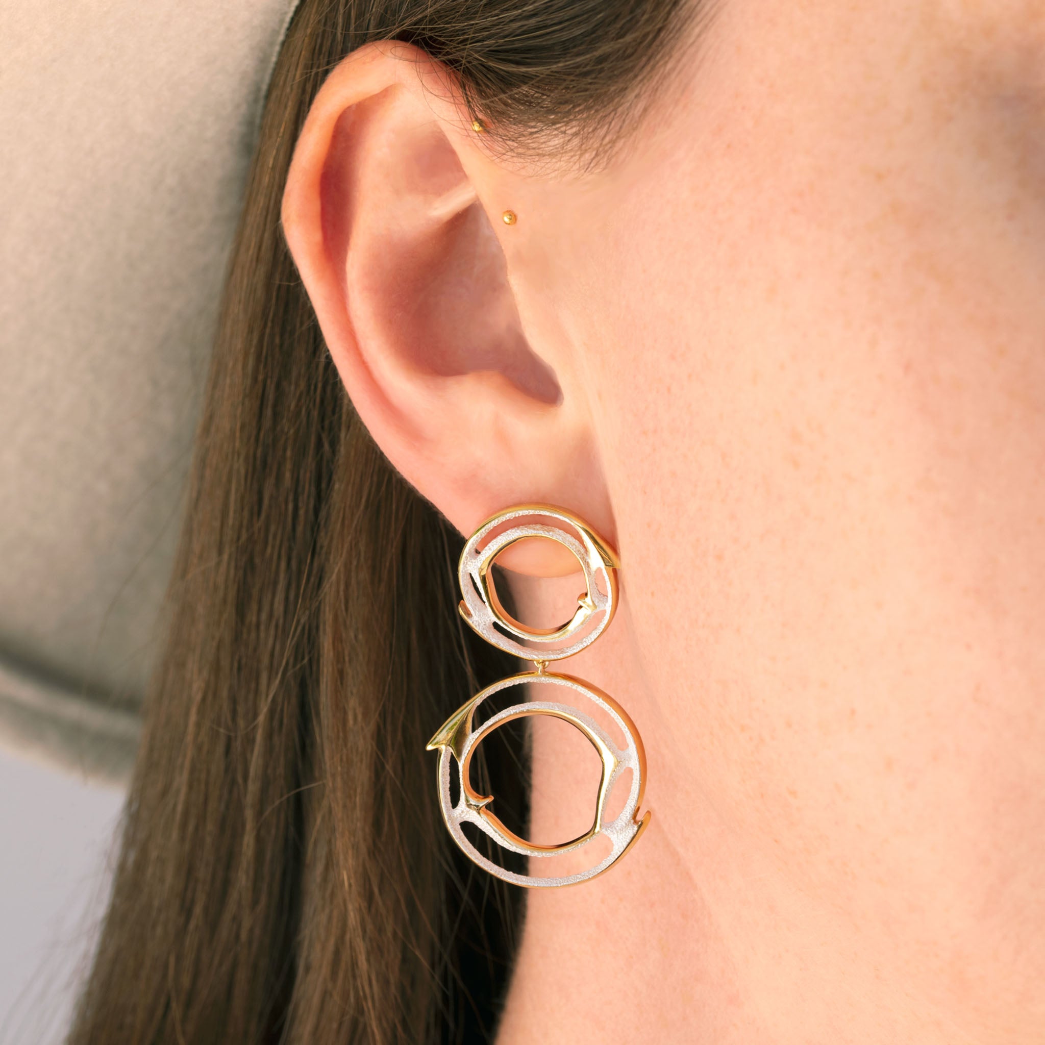 Double Halo Recycled Silver Earrings with 18ct Gold